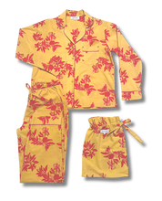 Load image into Gallery viewer, Yellow pajama set with red floral pattern on a white background