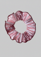 Load image into Gallery viewer, Pink and red striped scrunchie on a grey background
