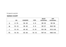 Load image into Gallery viewer, Sizing chart for St. Ignacio Long Set with measurements in UK, Europe, USA, cm, and inches.