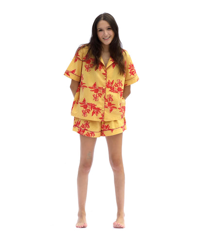 Women short sleeve pyjama. Organic cotton pyjama set in Cartagena yellow and pink flower.