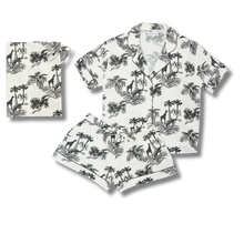 Load image into Gallery viewer, Pyjama short set with crean and  black animal and plant pattern on a white background
