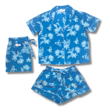 Load image into Gallery viewer, Blue floral pajama set with matching shorts on a white background
