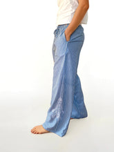 Load image into Gallery viewer, Wide Leg Stripe Trousers with side embroidery - Santorini - White/Blue stripe
