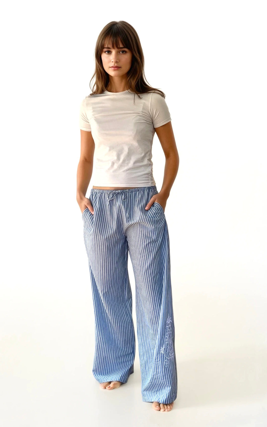 Wide Leg Stripe Trousers with side embroidery - Santorini - White/Blue stripe