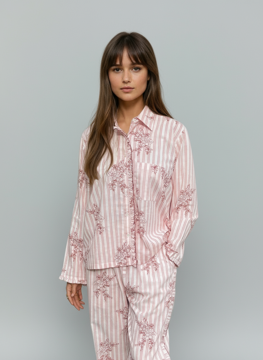 Woman wearing a pink striped and flower pyjama set against a gray background