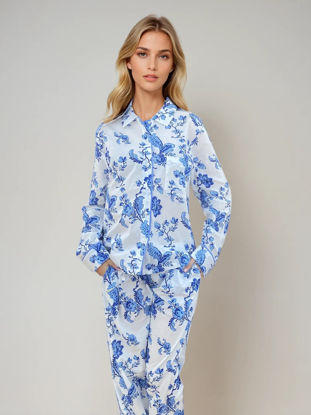 St. Ignacio Long Sleeve Pyjama Set — Organic Cotton, White/Blue Print