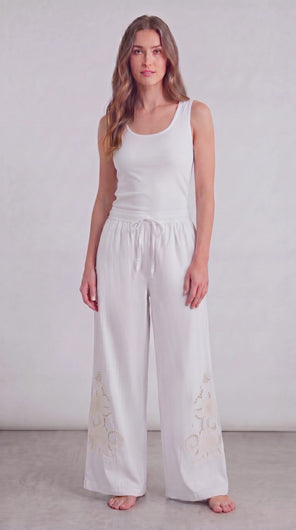 Alba lounge trousers in 100% cotton, white with embroidery in legs